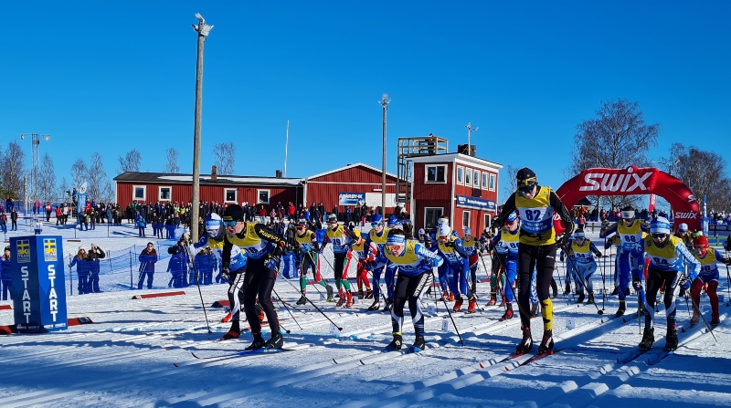 Skidåkande ungdom med hejande publik