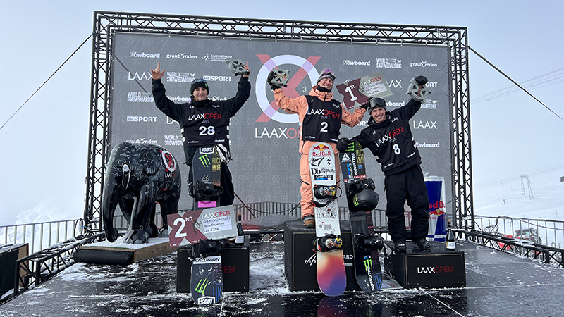 Prispallen vid Laax Open slopestyle. Marcus Kleveland på förstaplats. Dusty Henricksen på andra plats och svensken Sven Thorgren på tredjeplats.