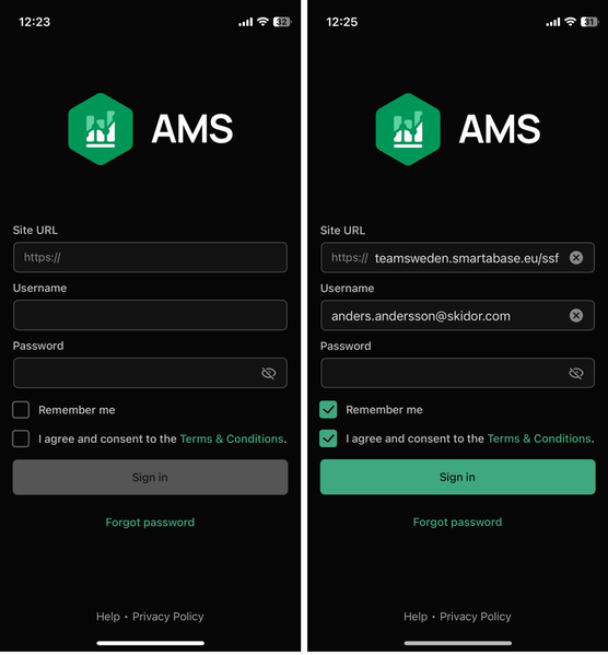 Teamworks AMS app innloggning