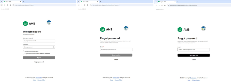 Glämt lösenord Teamworks AMS webbläsare