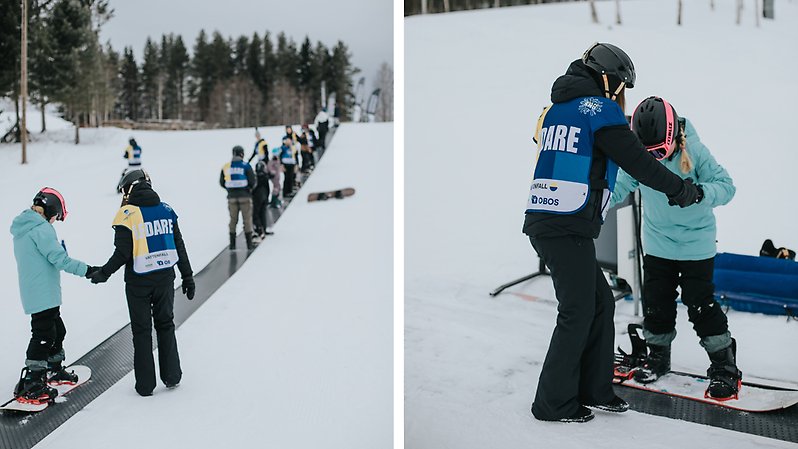 Många fick testa snowboard för första gången på Middagsberget i Vännäs. Foto: Amelie Näslund/Liljaskolan.